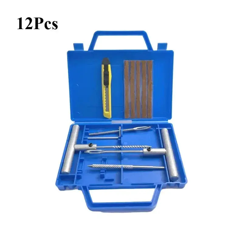 Blue ZFOUEK tire repair tool kit in case, 12 pieces with plug strips, knife and insertion tools