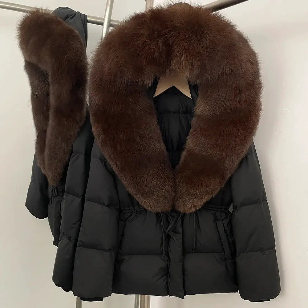 Womens Real Fox Fur Collar Duck Down Coat With Raccoon Fur Trim Hooded Puffer Jacket