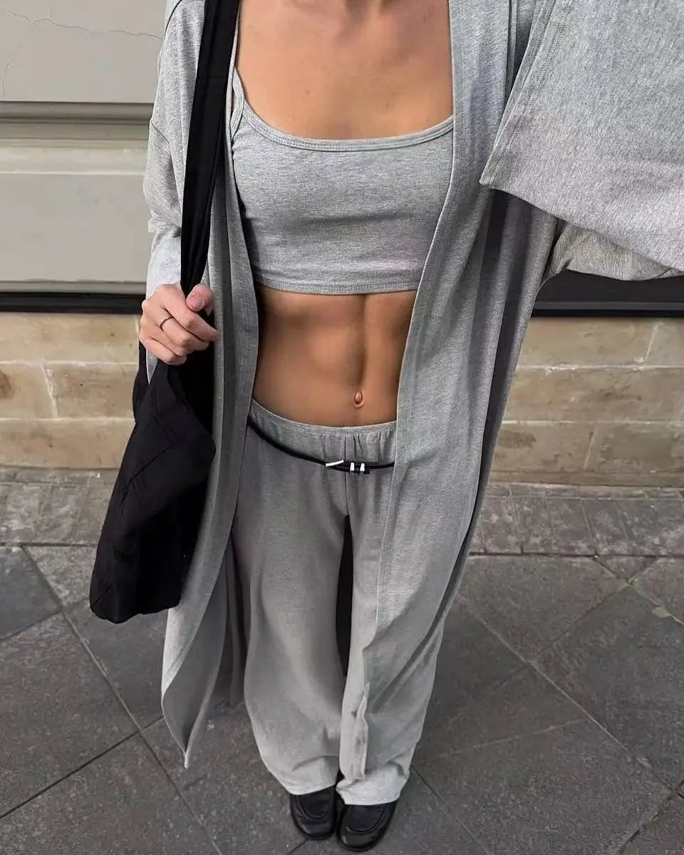 Modal Three Piece Women Set Long Sleeve Cardigan Vest High Waist Pants