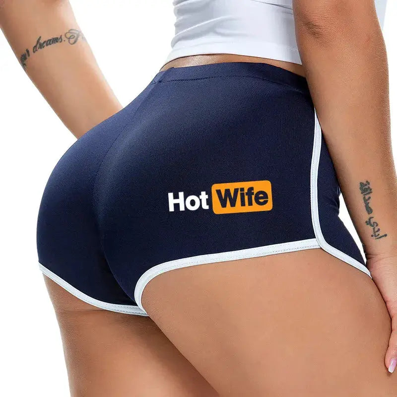 Women's athletic shorts navy with white trim; Hot Wife logo.