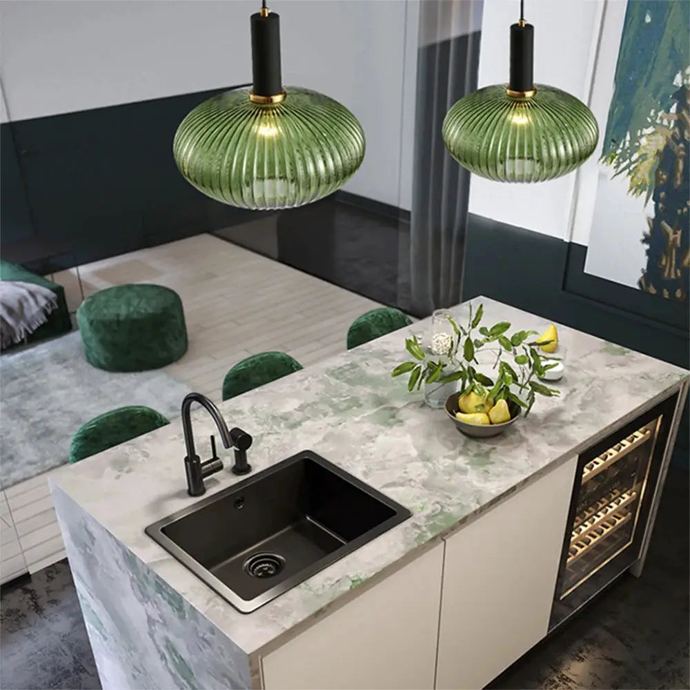 Nordic glass pendant lights, green glass, E27 chandelier, pair over kitchen island
