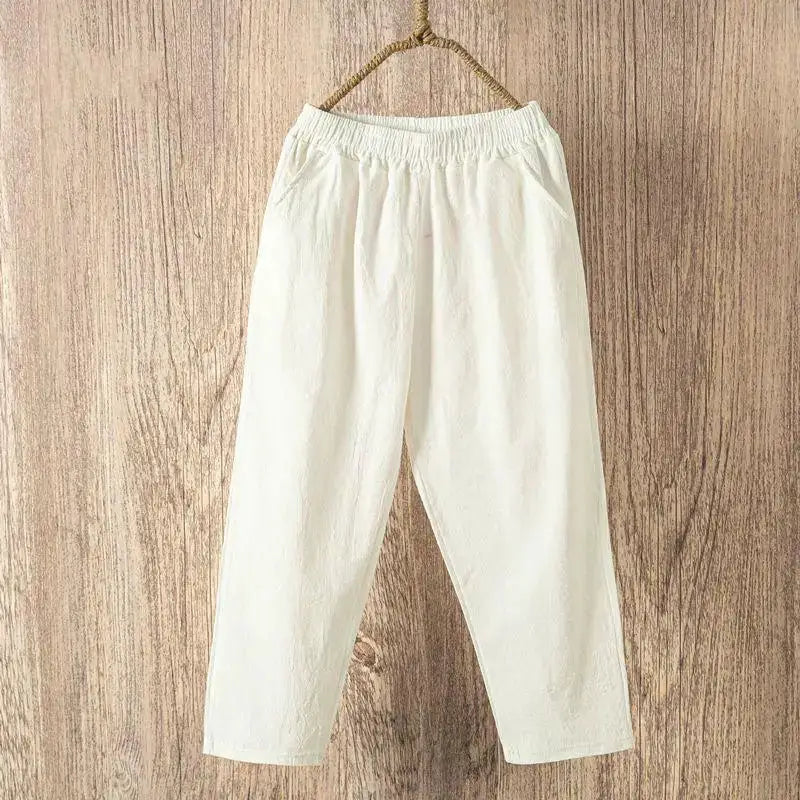 LumaWear Women Summer Casual Loose Harem Pants Elastic Waist Breathable Cotton Linen Blend