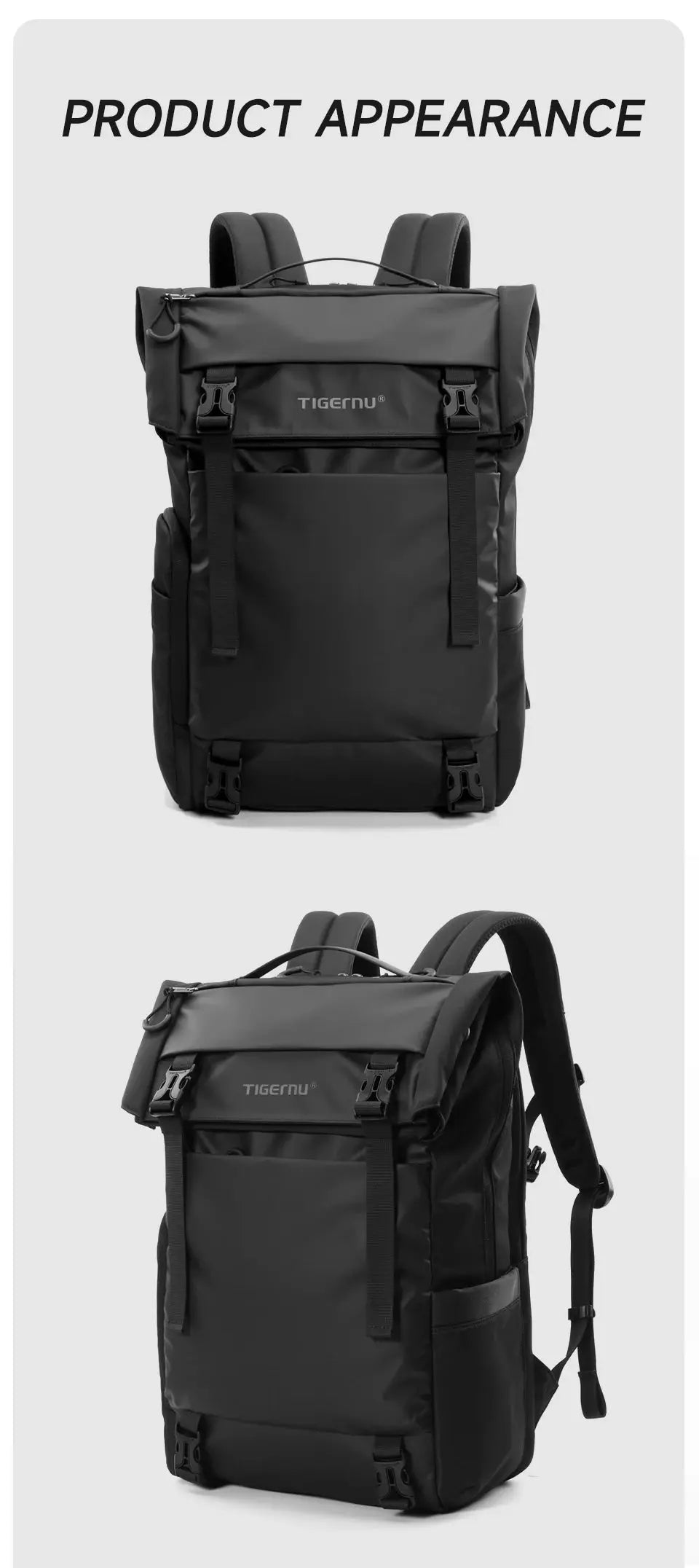 Tigernu travel backpack, black TPU waterproof, expandable school/business bag
