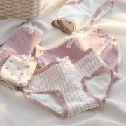 5Pcs Cute Love Cotton Panties set by Simples Market for women in pink/white with heart and grid prints, lace trim
