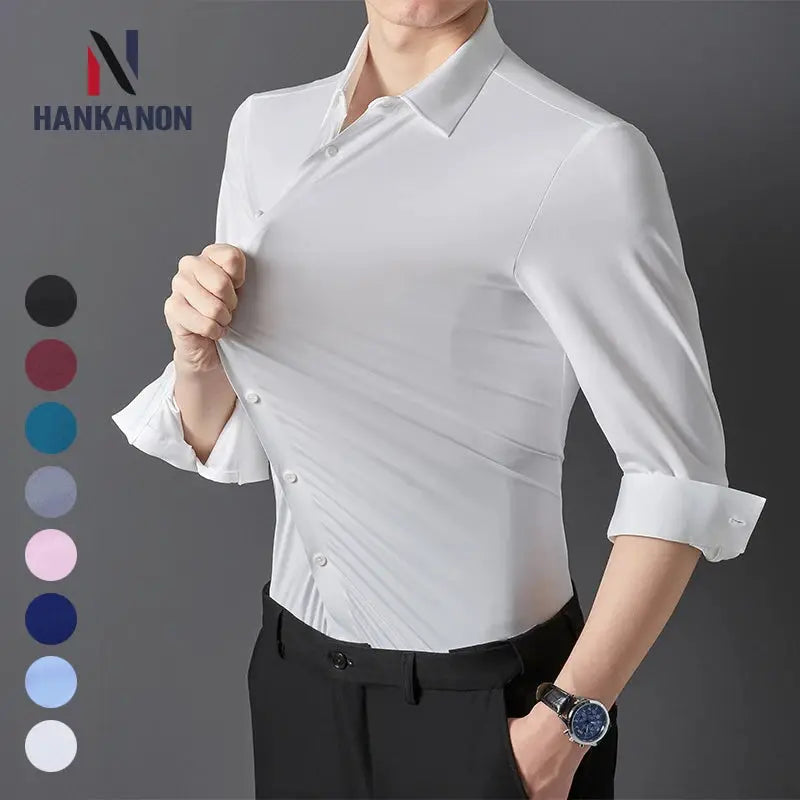Men's white ultra-stretch long-sleeve dress shirt by Hankanon, silky finish.