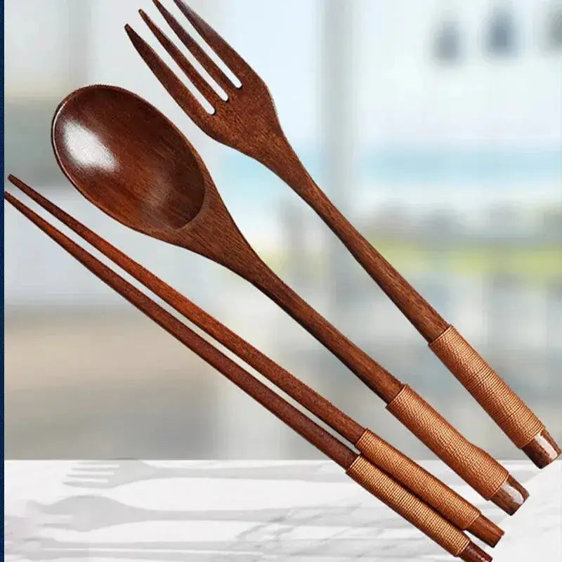 ZenWood Japanese Style Three Piece Wooden Cutlery Set With Chopsticks Fork Spoon Hygienic Safe Easy To Use