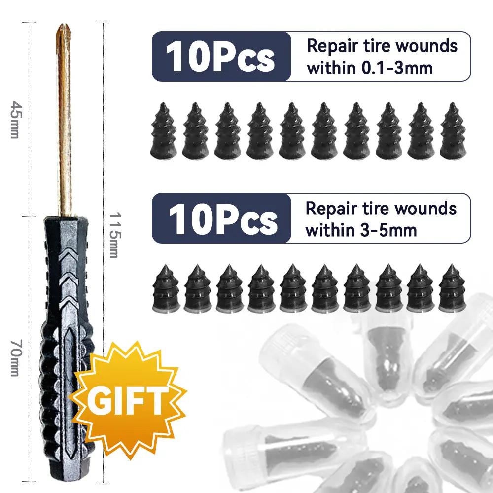 Simples Market car tire repair kit with 10pcs puncture plugs for 0.1–3mm and 10pcs puncture plugs for 3–5mm plus screwdriver