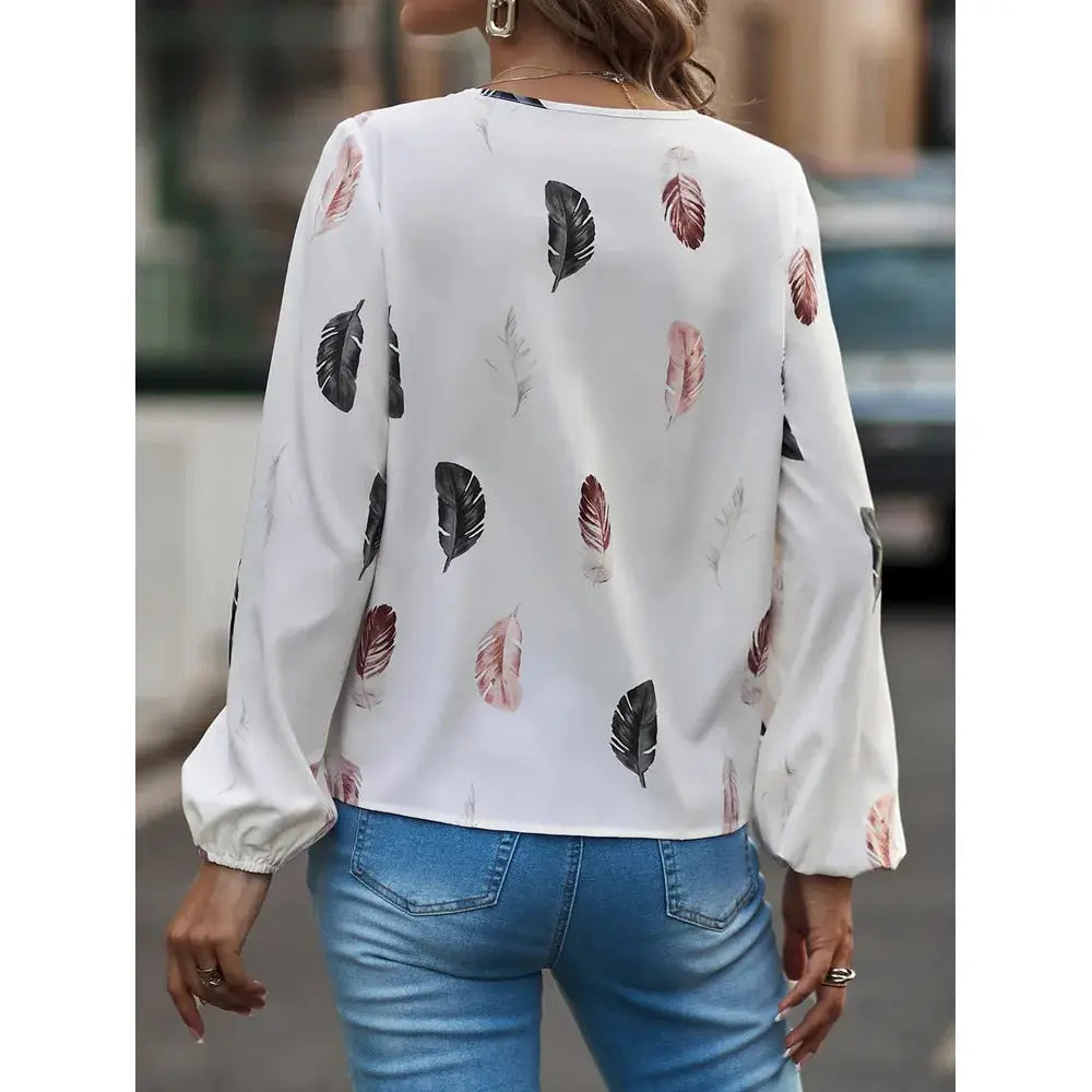 Women's white feather-pattern chiffon blouse with long sleeves