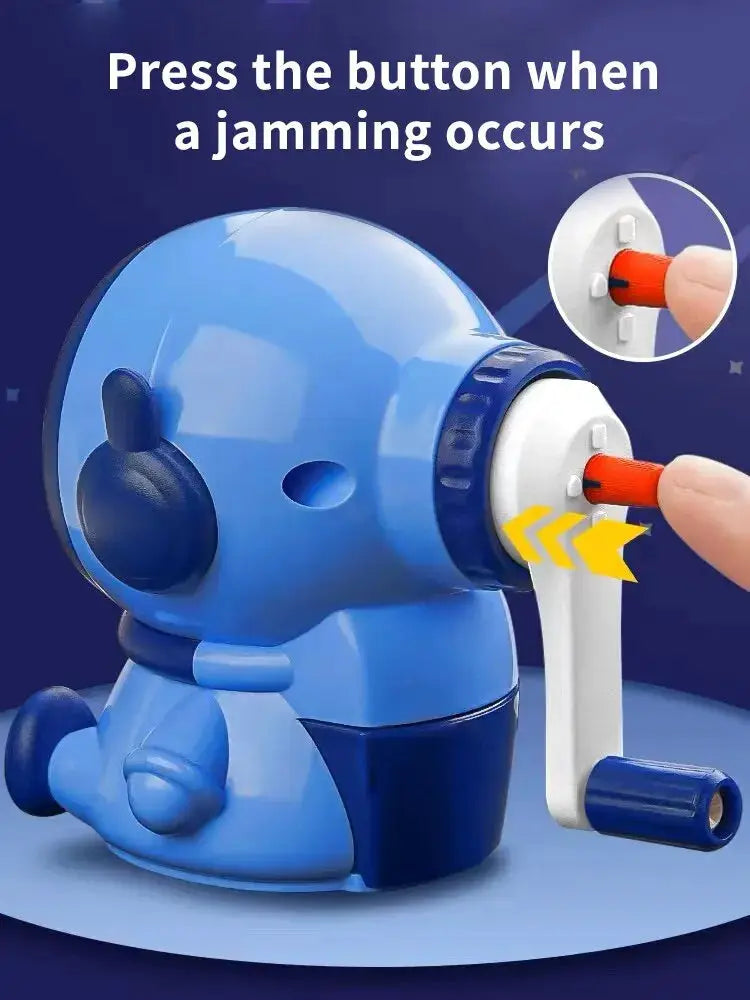 Astronaut cartoon pencil sharpener, blue hand-crank, Simples Market