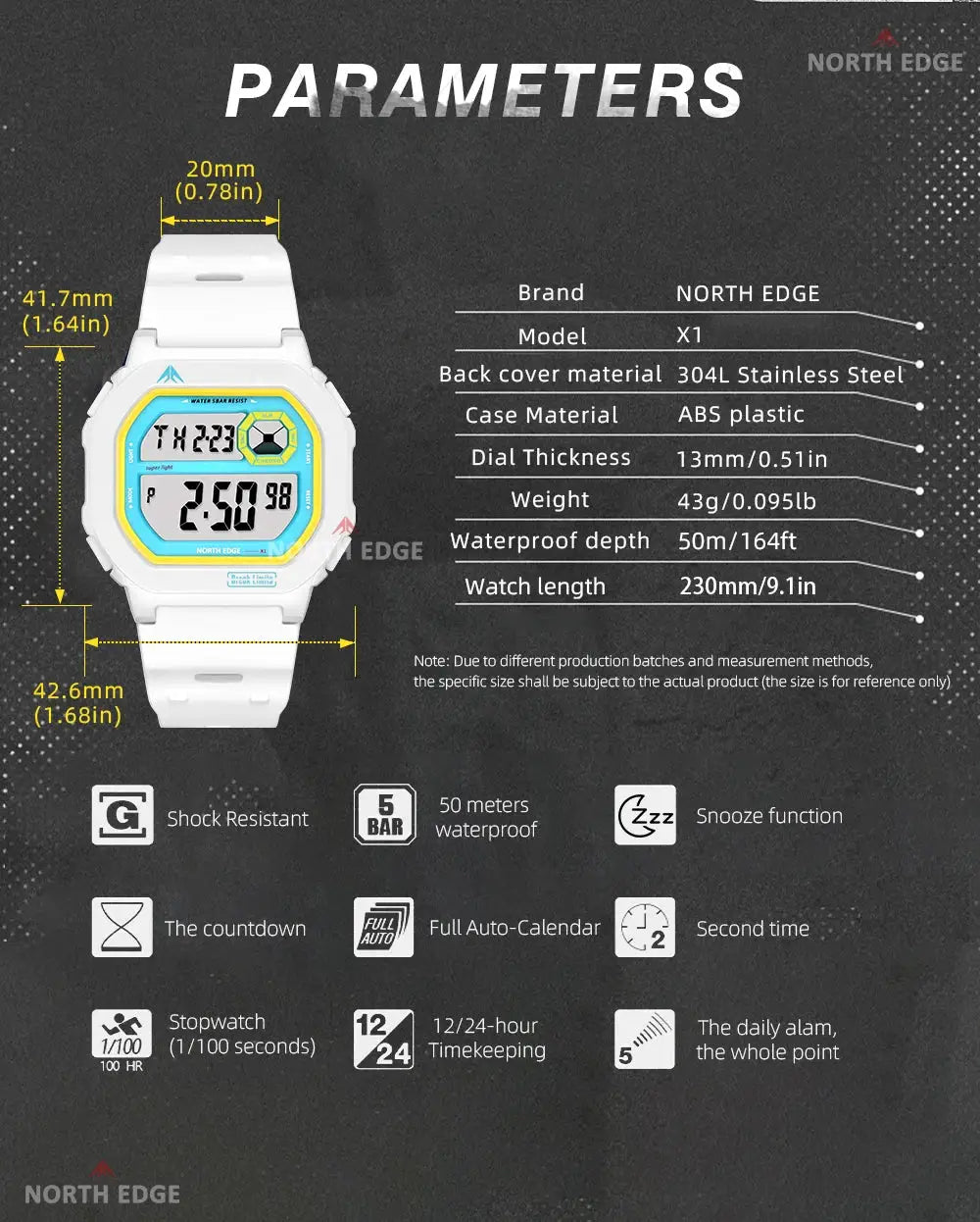 North Edge X1 square-screen digital sport watch, white strap with blue/yellow bezel, waterproof 50m.