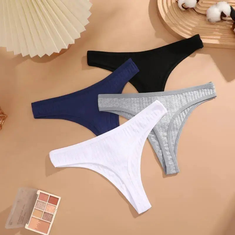 8Pcs Cotton Seamless Thongs Set for Women by Simples Market; low-rise breathable underwear in black, navy blue, gray and white.