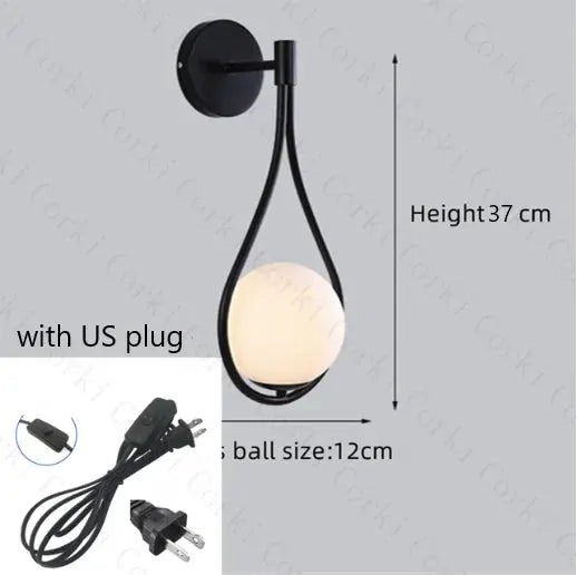 Nordic Luxury Glass Ball LED Wall Lamp by Simples Market; black metal sconce with 12 cm globe, 37 cm tall, US plug.