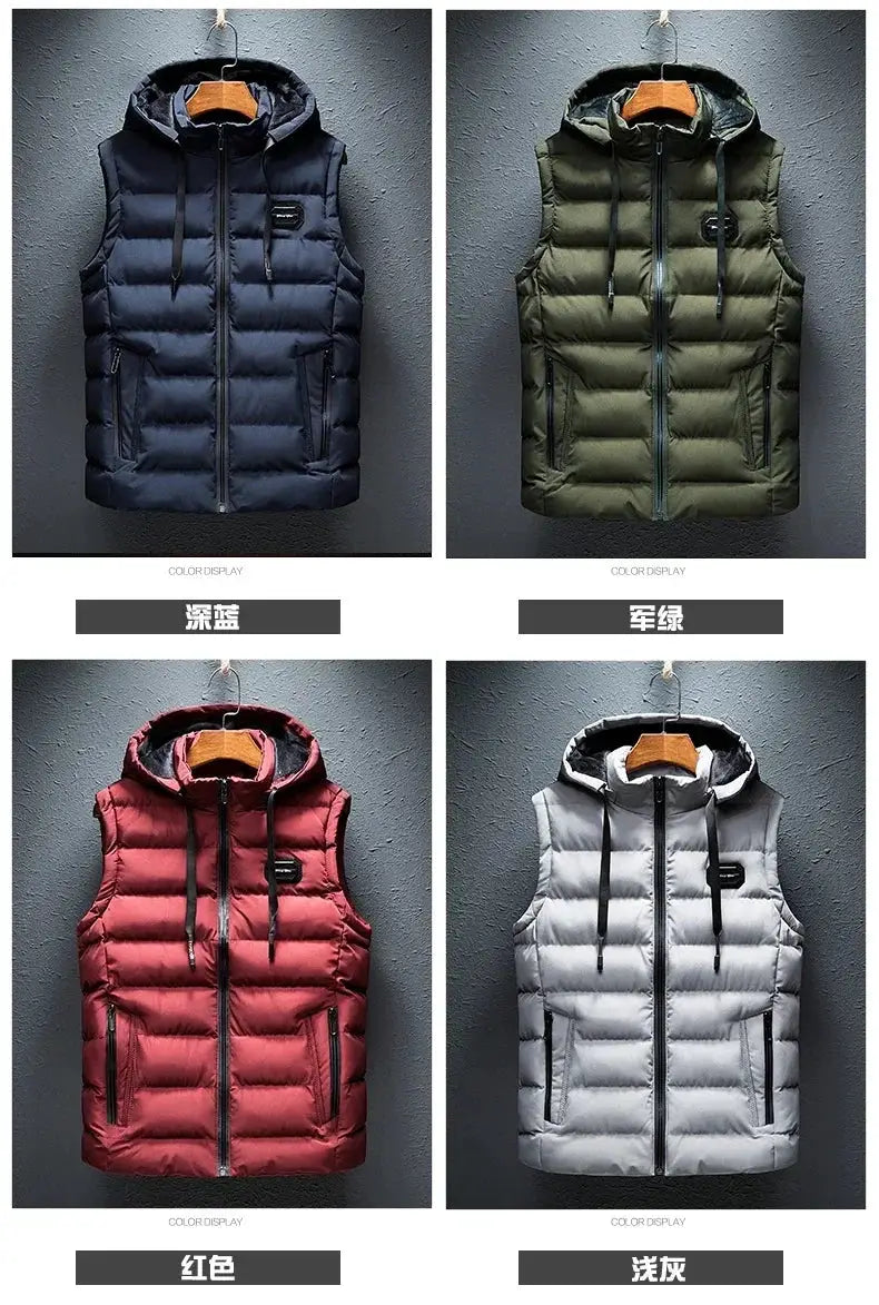 Men's sleeveless hooded padded vest by Simples Market; navy, olive green, red, and gray with front zipper.