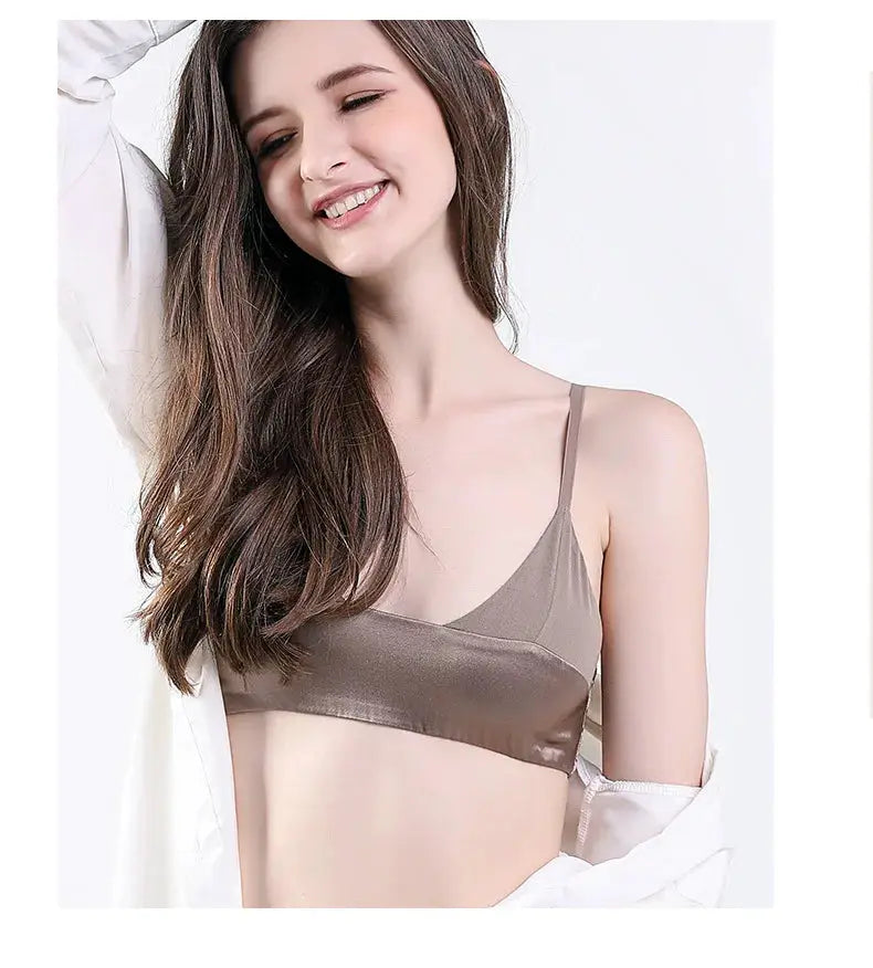 Birdtree satin bralette in taupe, silk-spandex blend, wireless and non-padded for everyday comfort.