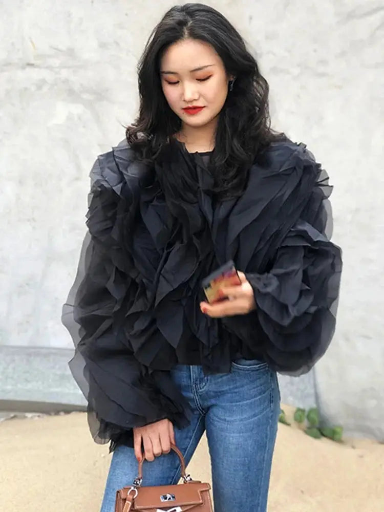 Twotwinstyle Elegant Patchwork Ruffles Chiffon Blouse O Neck Lantern
