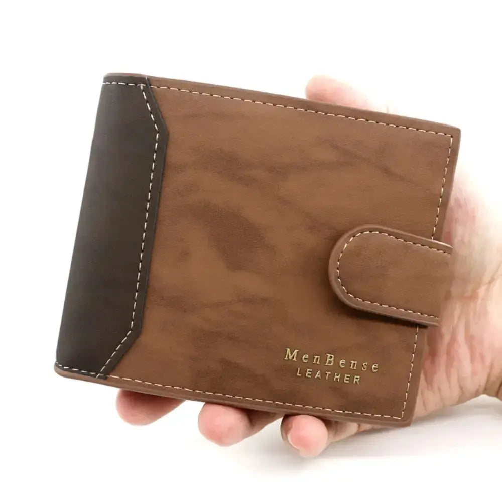 Men's brown PU leather wallet with black accent panel and a strap closure; gold MenBense Leather logo.
