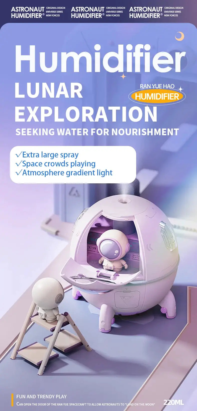 220mL Space Capsule Air Humidifier USB Plug in Rechargeable Mist Aromatherapy Water Diffuser 7 Colors Atmosphere Light