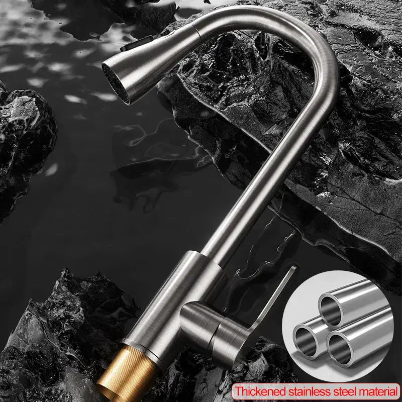 Stainless steel kitchen pull-out faucet with retractable spout for hot and cold water