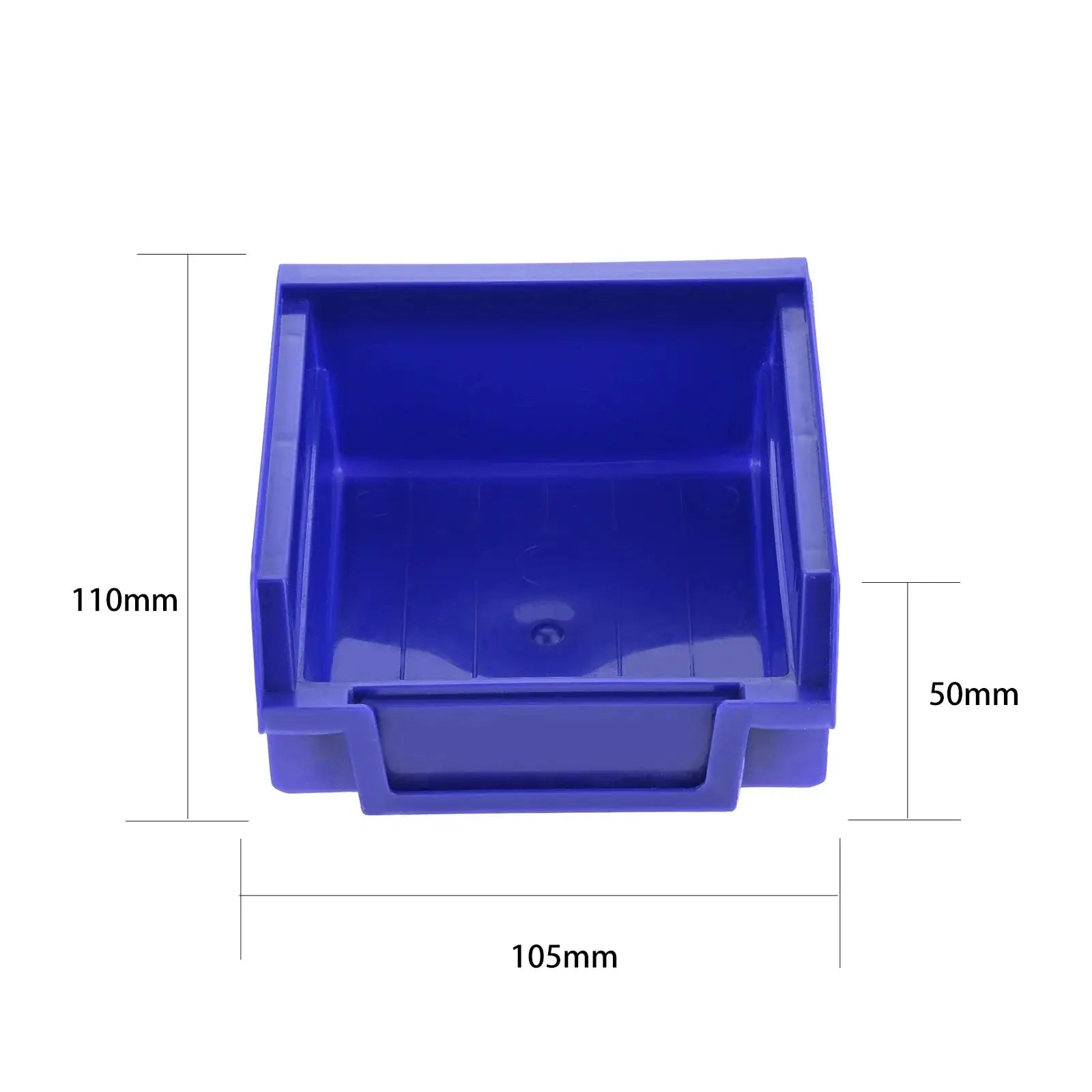Blue ABS plastic stackable storage bin, 105x110x50mm.