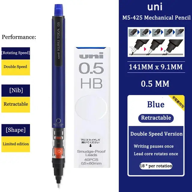 UNI Kurutoga M5-452 blue mechanical pencil with 0.5mm lead and packaging box (two items)