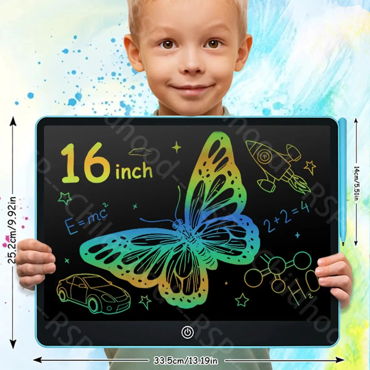 16-inch LCD drawing tablet for kids by Simples Market with blue frame and rainbow butterfly art.
