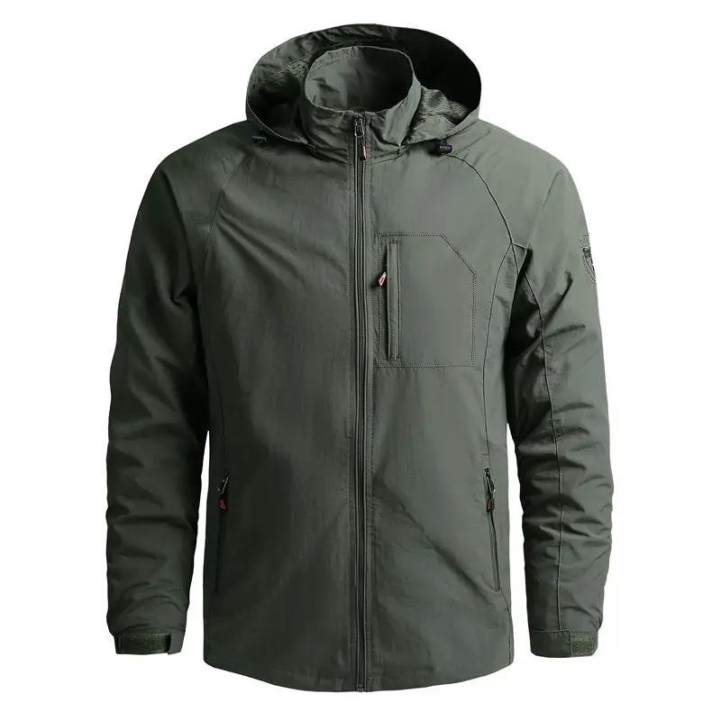 Men's olive green outdoor waterproof jacket with hood, front zip, and chest pocket