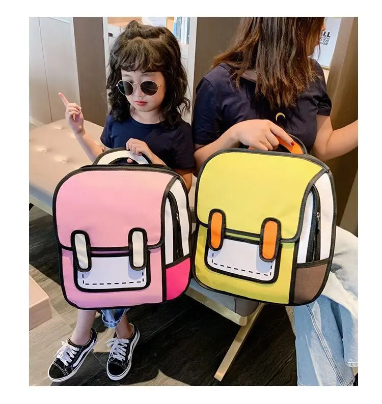 Pair of Simples Market two-dimensional multi-functional kids' backpacks, pink and yellow with front-pocket design