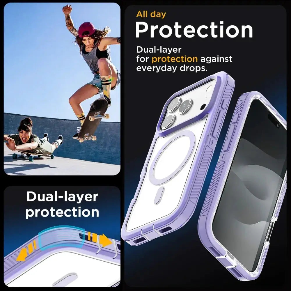 Simples Market matte clear magnetic iPhone case with purple bumper, anti-slip grip and wireless charging compatibility