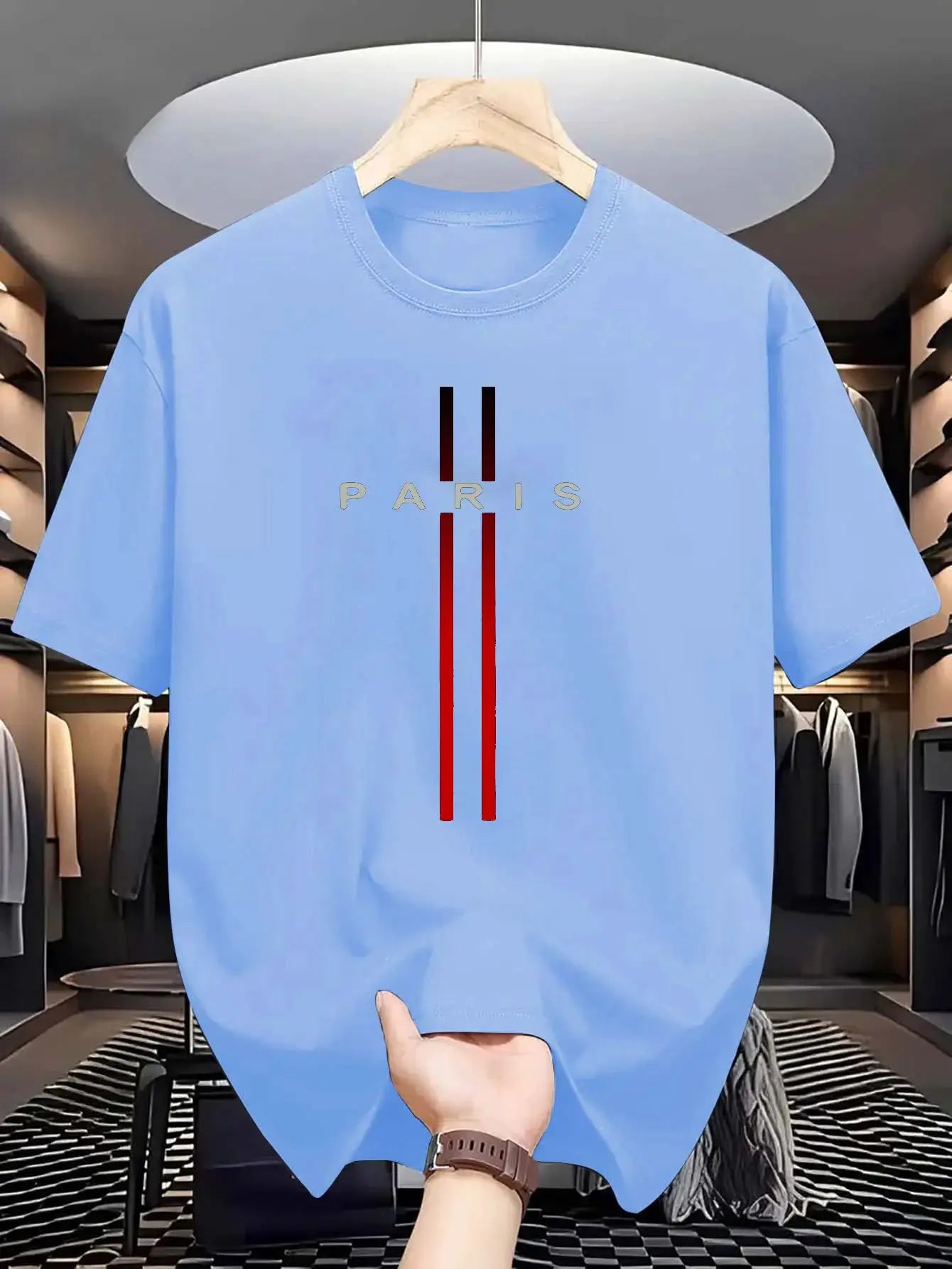 Men's 100 Percent Cotton Summer T Shirt Loose Fit Paris Letter Print Round Neck Short Sleeve Top