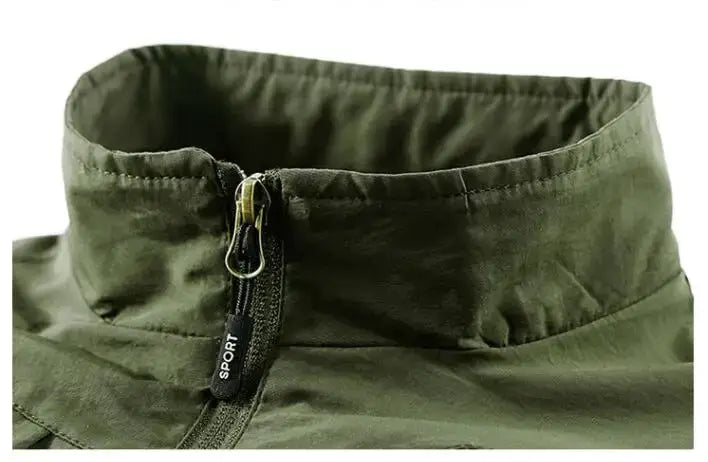 Men's olive green outdoor vest with front zipper, breathable lightweight fabric