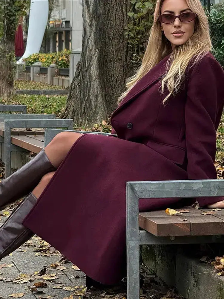 HH Women Burgundy Coat Double Breasted Long Sleeve Lapel Blended Outerwear for Autumn and Winter