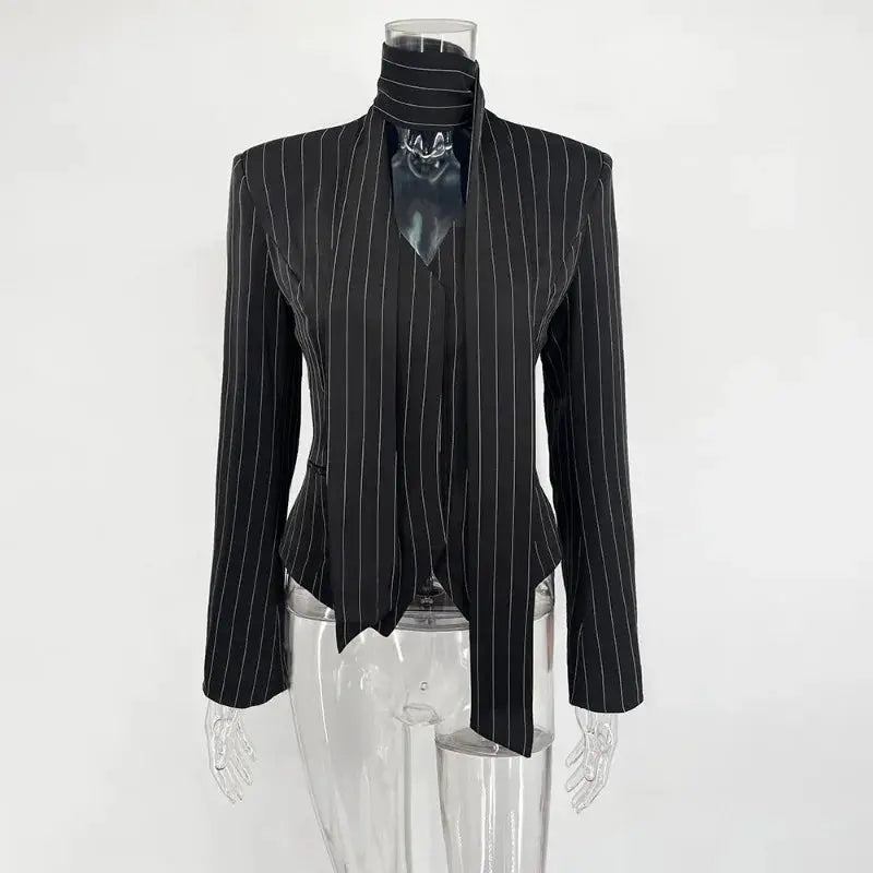 Tuularose 3 Piece Dress Set V Neck Striped Ribbon Blazer Slim Dress