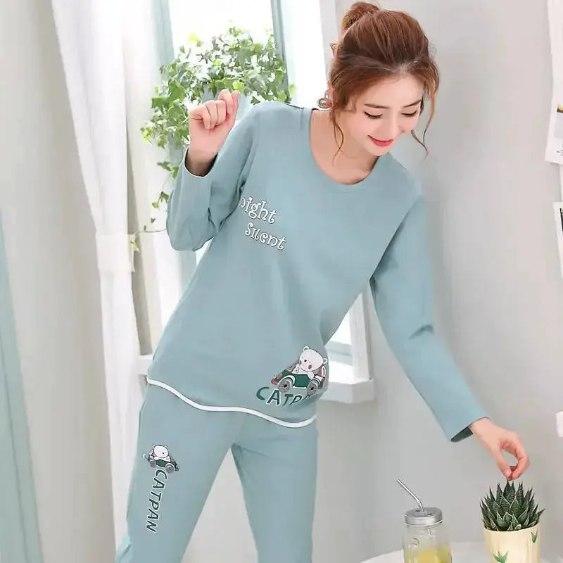 CozyCloud Autumn Thin 2 Piece Pajama Set Women Lightweight Breathable Sleepwear With Cartoon Teacup Cat Print
