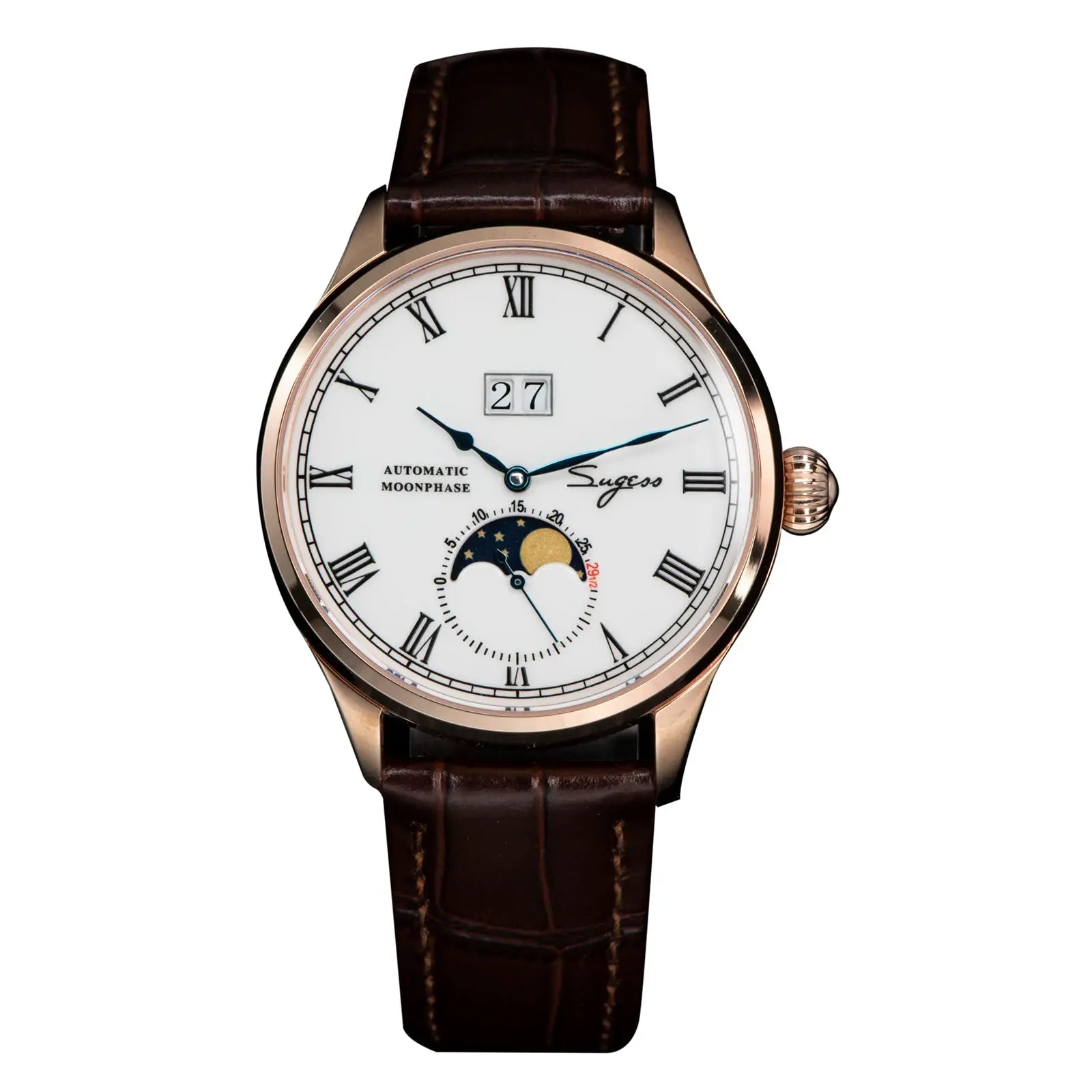Sugess automatic moonphase men's watch with rose-gold case, white dial with Roman numerals and brown leather strap