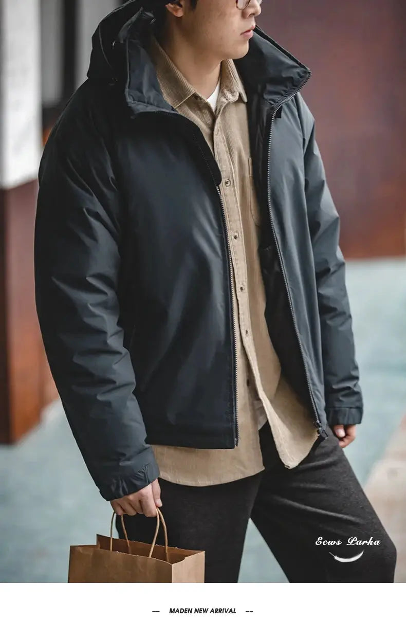 Maden Hooded Down Jacket for Men, black Simples Market parka with warm insulation