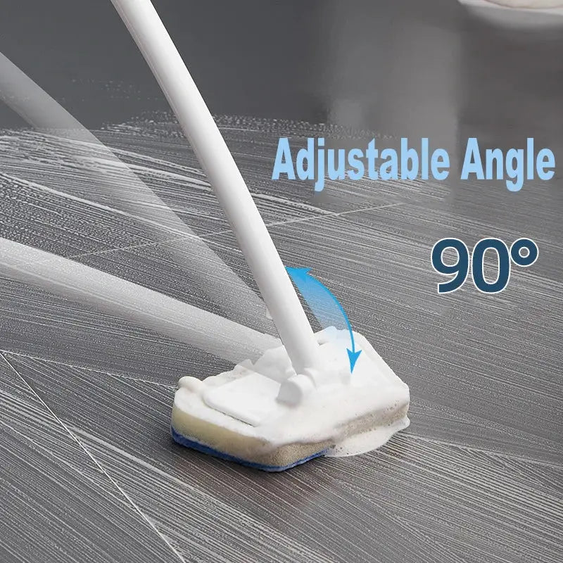 Bathroom sponge cleaning brush with a long white handle, removable head, blue scrub pad, and adjustable 90° angle