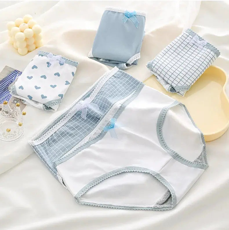5pc women's cotton panties set with bow accents in light blue, heart and plaid prints; breathable, comfy underwear briefs.