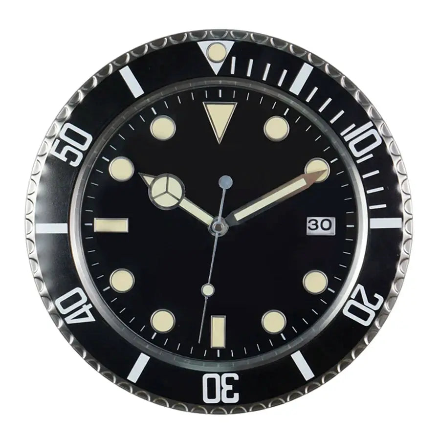 34cm metal wall clock with black dial, luminescent markers and date window