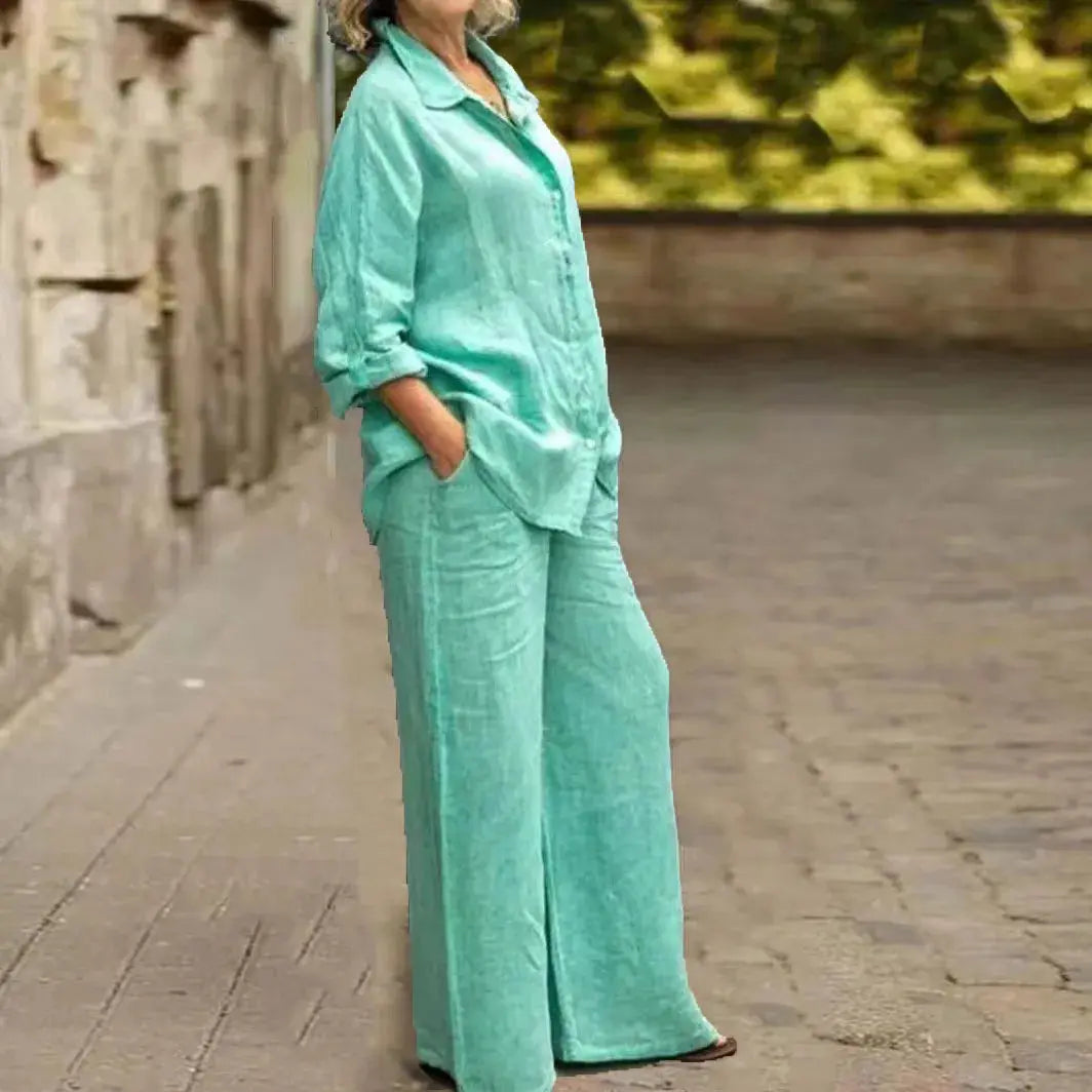 Cotton Linen Shirt Two Piece Set For Women With Wide Leg Trousers