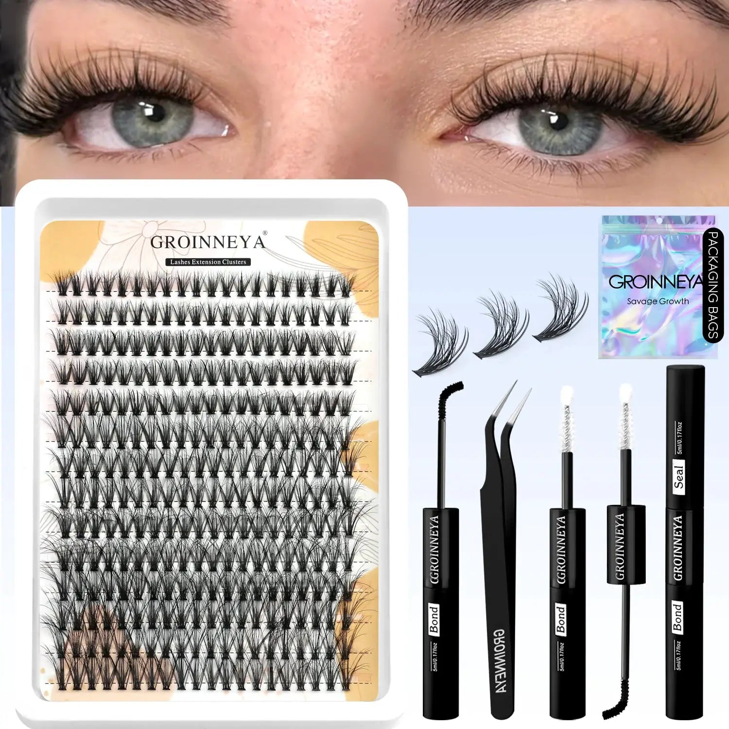 GROINNEYA Lash Clusters Kit Waterproof Strong Hold DIY Lash Extension Kit Bond And Seal Eyelash Tweezers Makeup