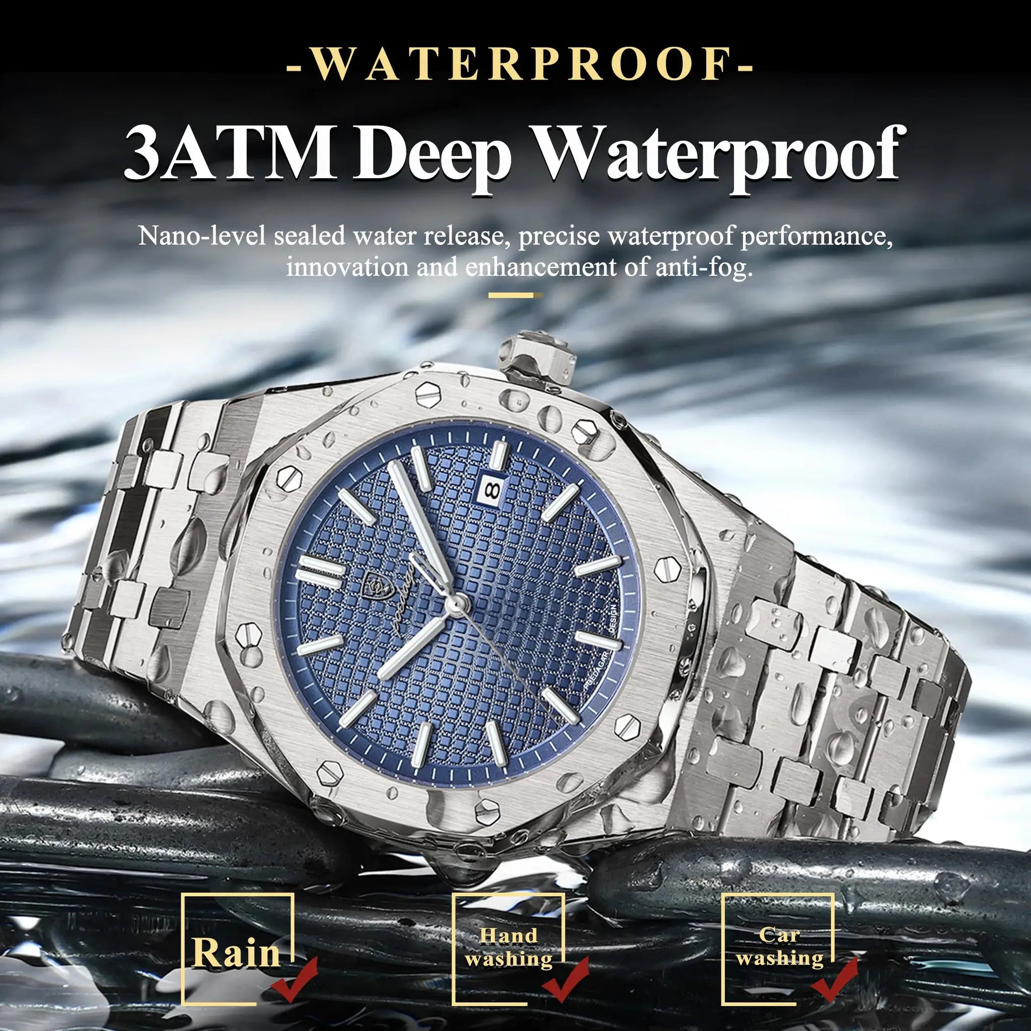 POEDAGAR men's luxury stainless steel watch with blue dial and date, waterproof