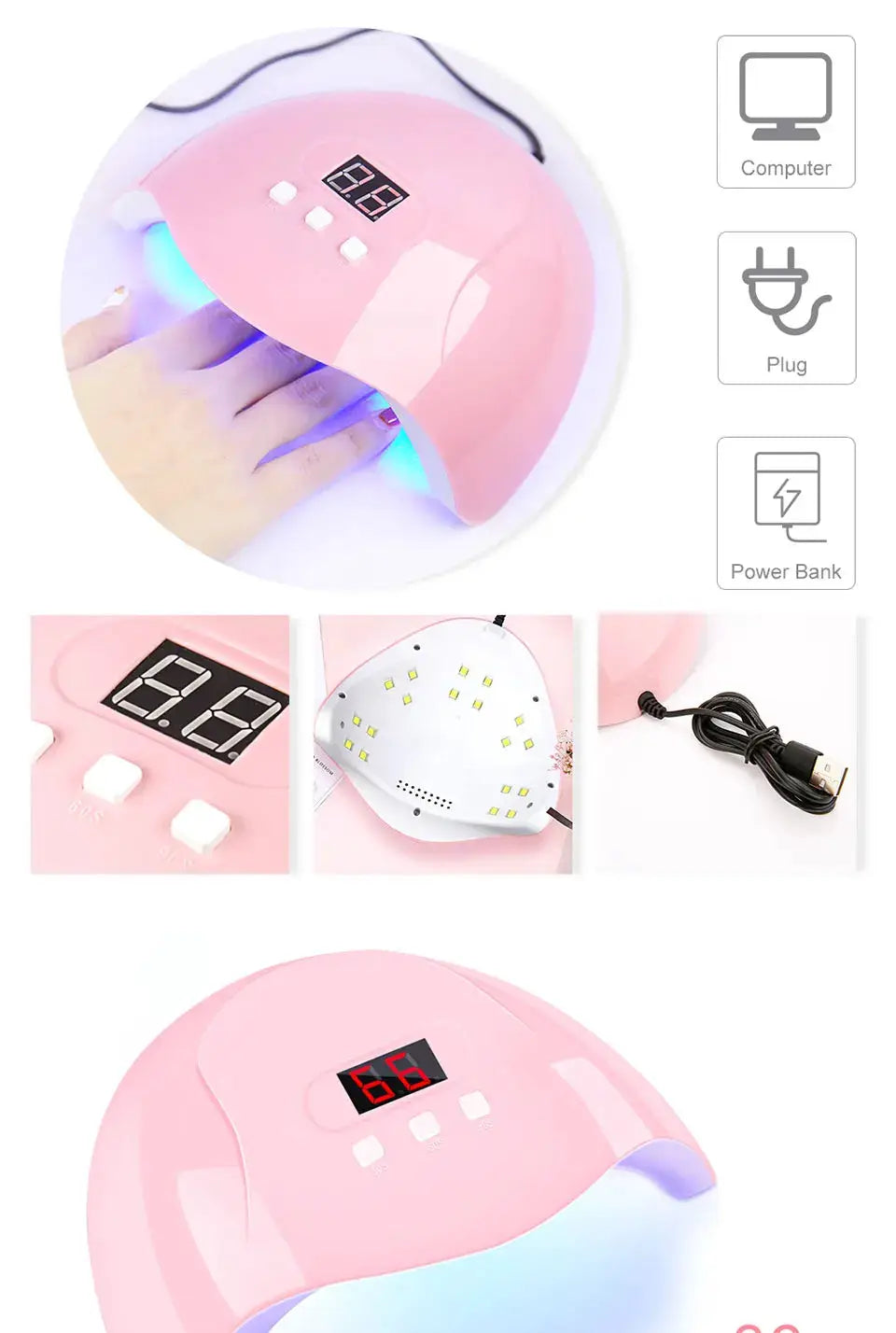 LIMEGIRL Gel Nail Polish Kit by Simples Market, pink UV LED lamp with digital display and USB power cable