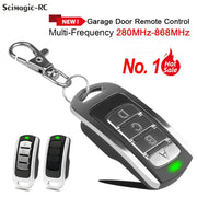 Garage door remote by Scimagic-RC set of 3: black-silver main remote with four-button and two mini fobs; 280-868MHz.