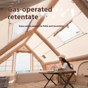 Simples Market inflatable luxury camping tent interior in beige, with dining table for 4–8 people.