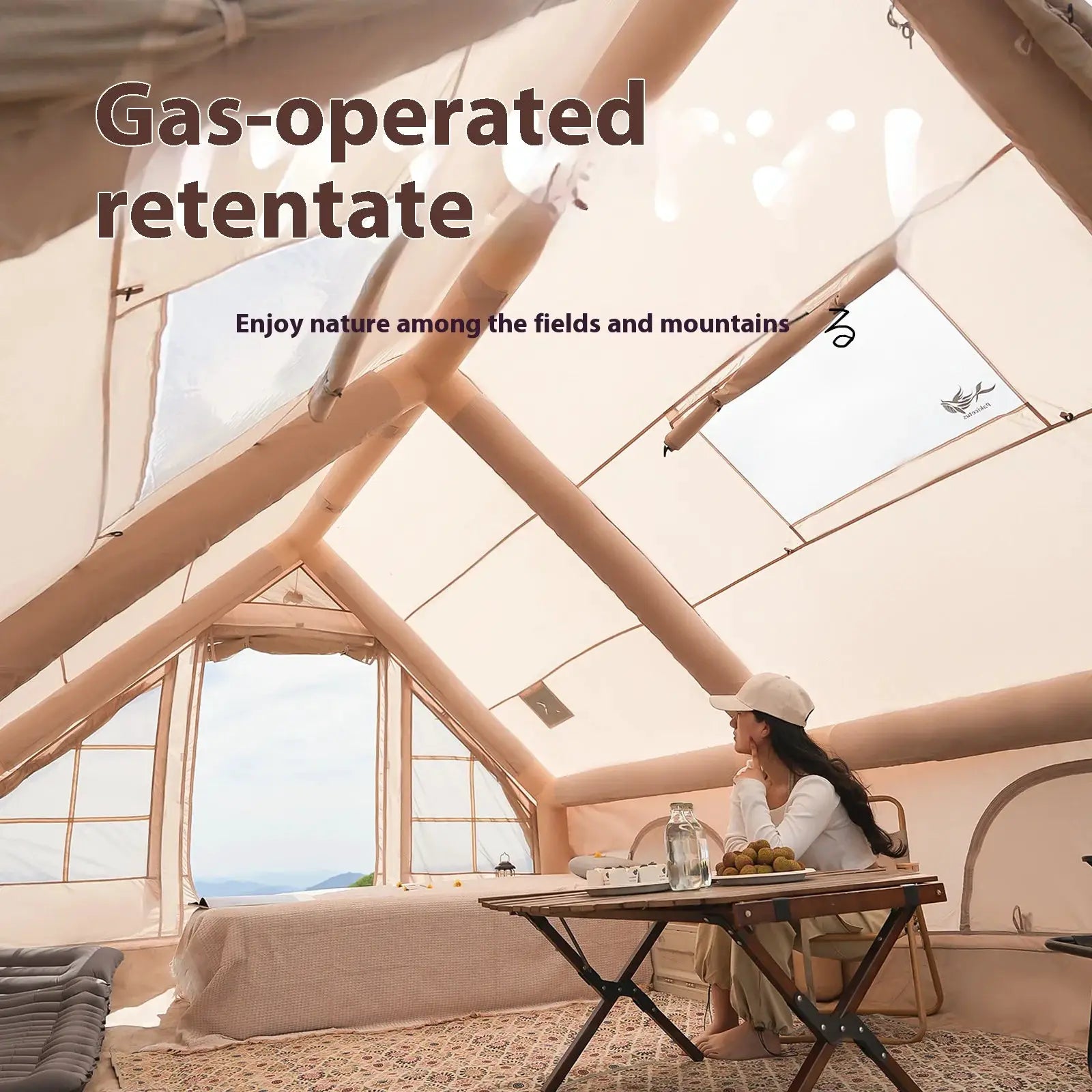 Simples Market inflatable luxury camping tent interior in beige, with dining table for 4–8 people.