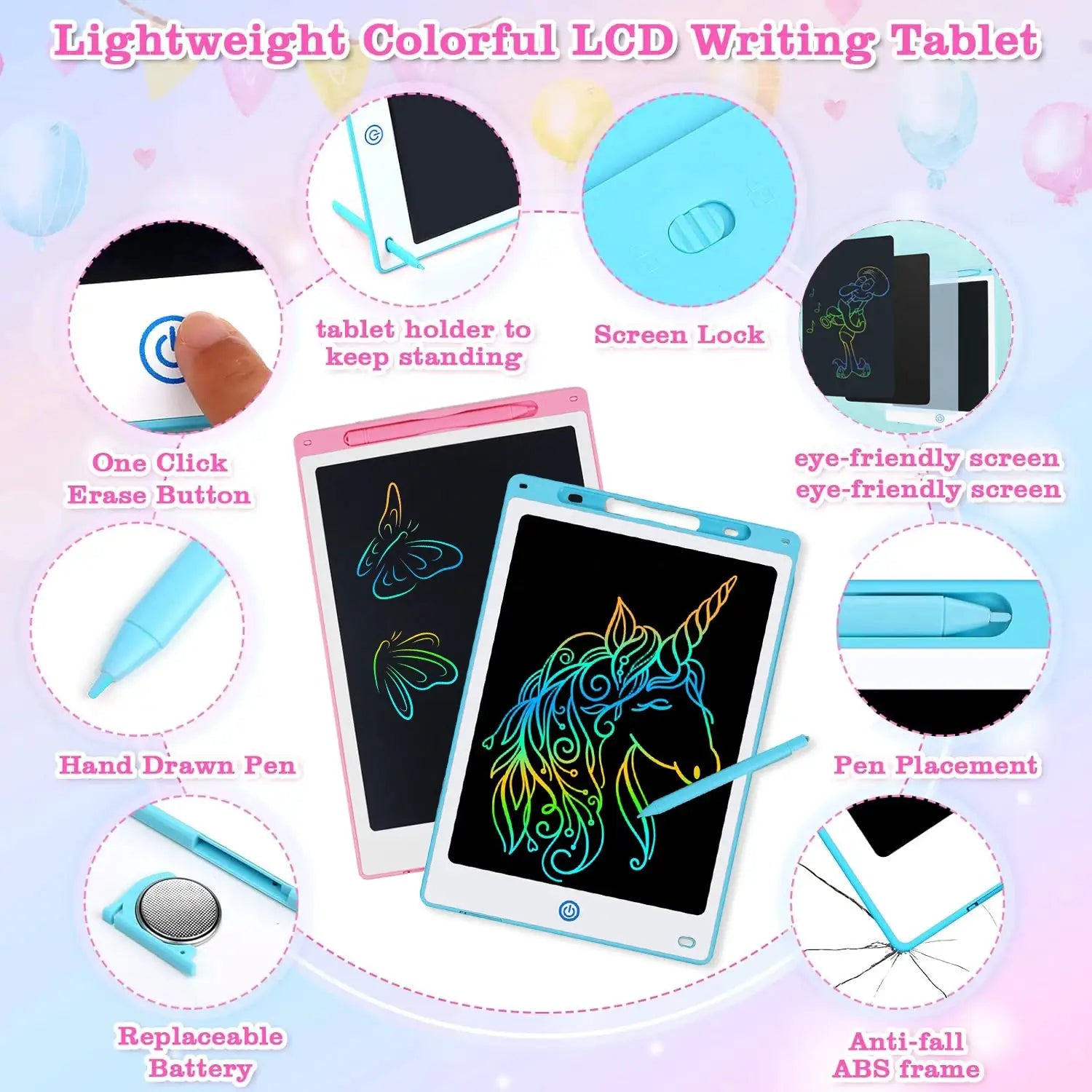Simples Market LCD writing tablet set for kids, two colorful 8.5/10/12in boards with pink and blue frames and stylus
