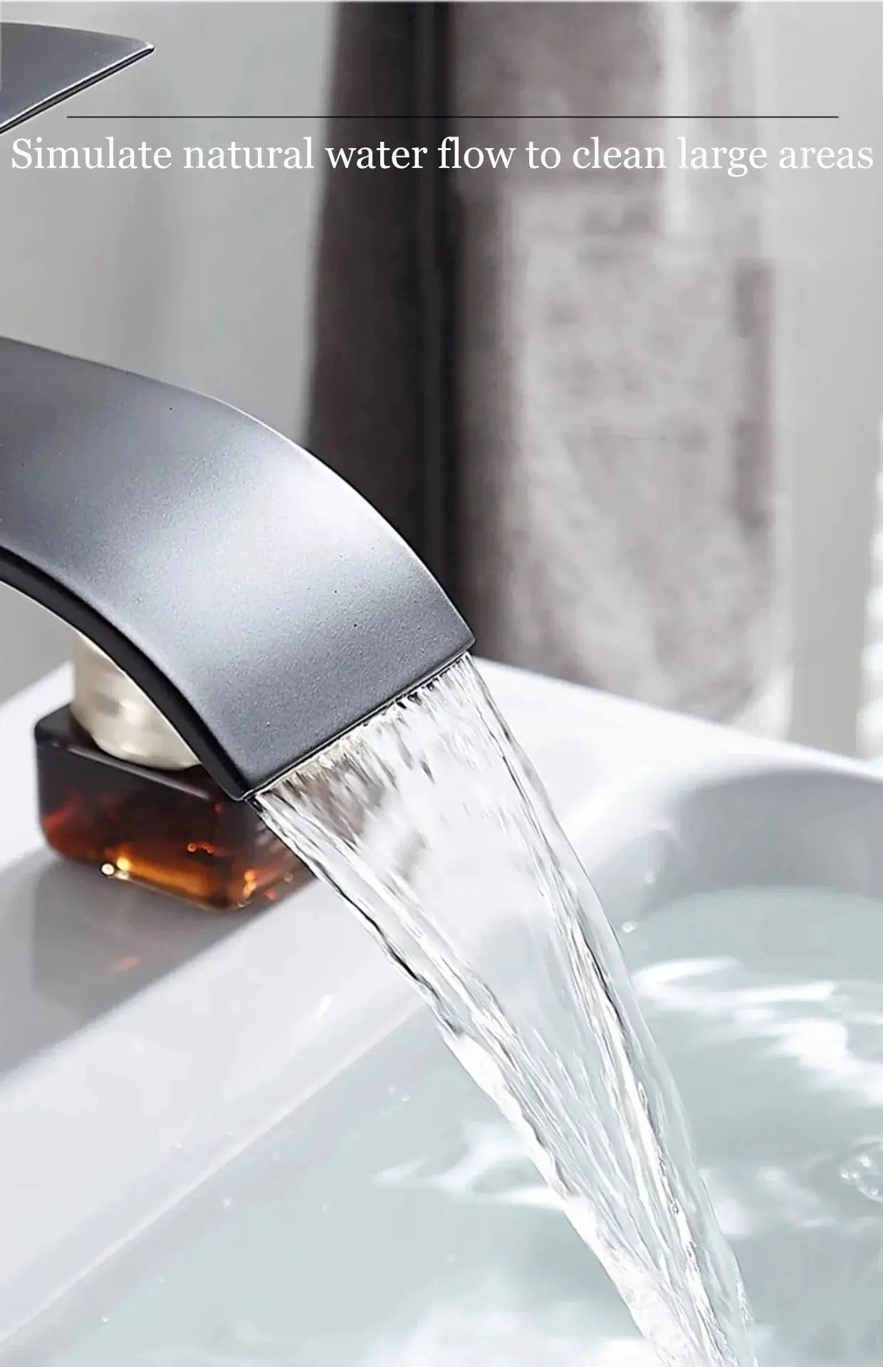 Simples Market waterfall wash basin faucet in black finish, stainless steel body, hot and cold bathroom use