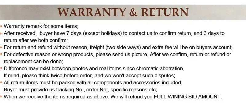 Warranty and return policy page with bullet-point terms