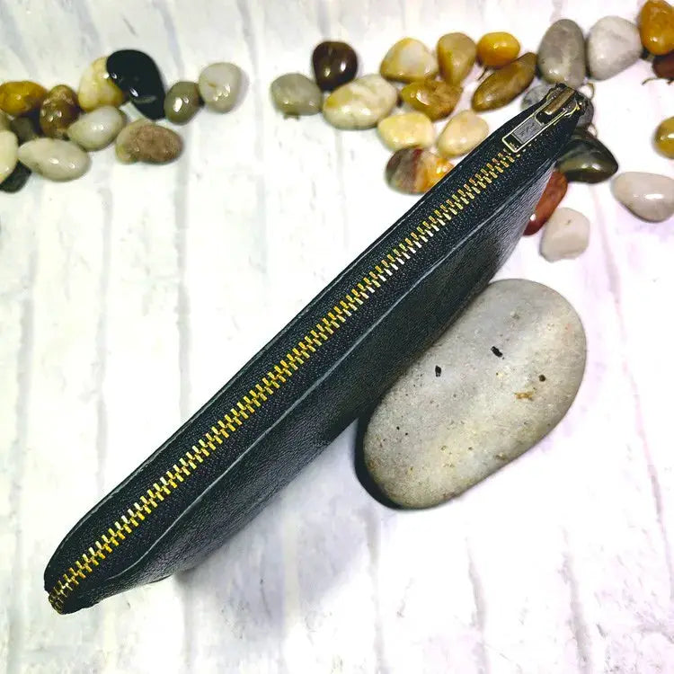 Mini zipper waist bag, black leather belt pack with gold zipper, compact ID/phone wallet