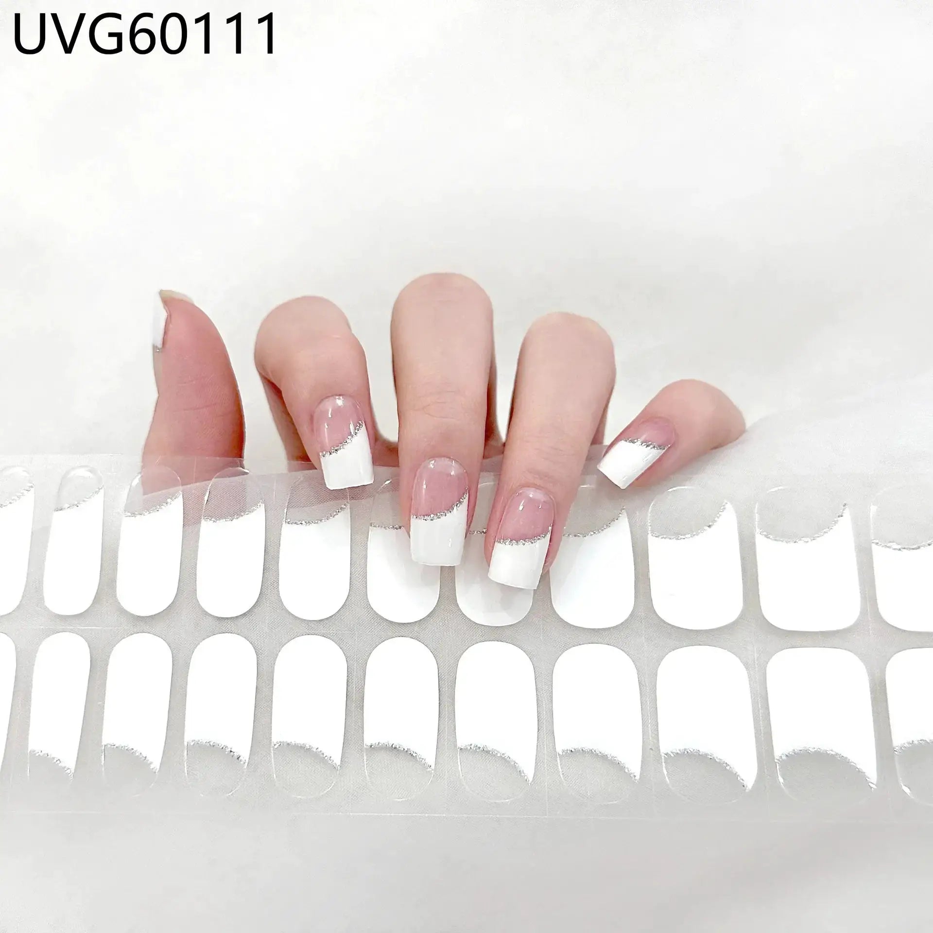Gel nail wraps set with white French-tip design and silver glitter line for DIY full-cover manicure